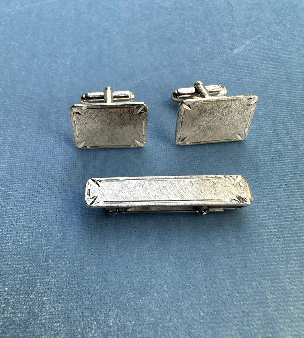 Vintage Signed Sterling Silver Cufflinks Tie Clip Set Bark Textured